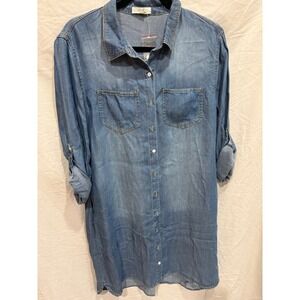 Easel Los Angeles Denim Shirt Dress Medium Roll Tab Sleeves Blue